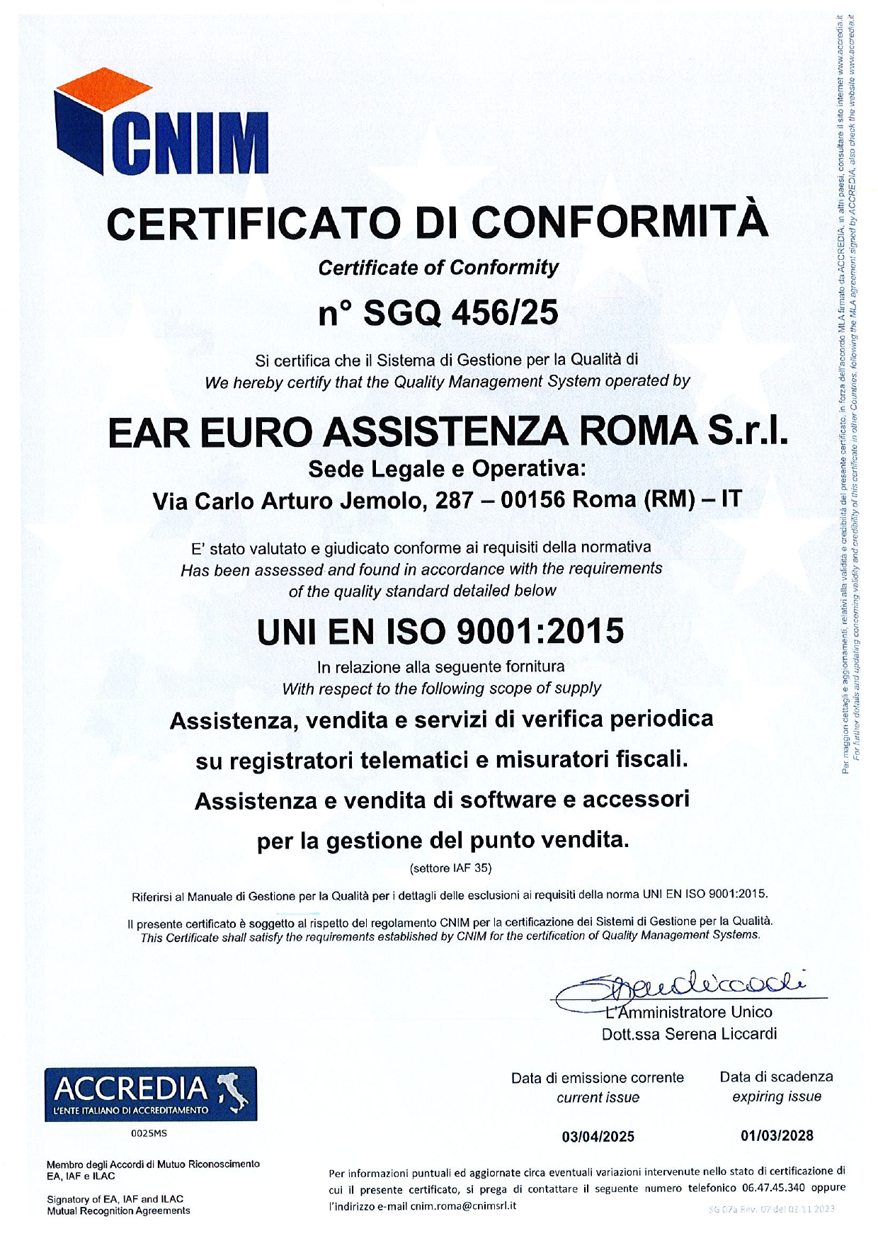 Certificato ISO 9001:2015 rilasciato a EAR Euro Assistenza Roma