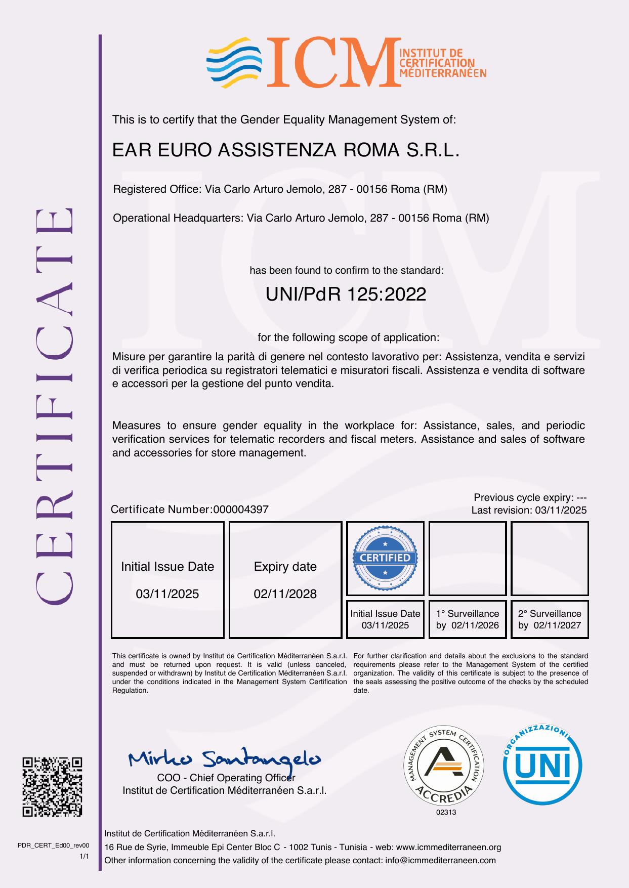 Certificato UNI/PdR 125:2022 rilasciato a EAR Euro Assistenza Roma
